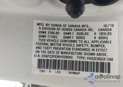 2019 Honda Civic Lx из США, поврежденный, VIN 2HGFC2F63KH539043